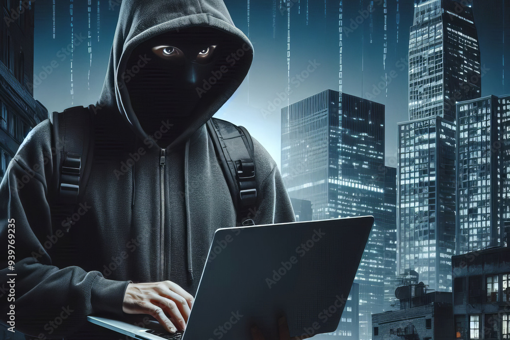 A hacker in a hood with a laptop hacks various programs. A hacker in a hood with a laptop hacks various programs.