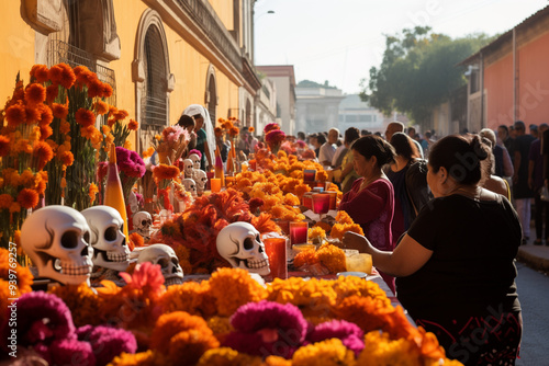 A Carnival of Spirits durind Day of the Dead in Oaxaca, Mexico, street fair with marigold flowers, candles and skulls photo