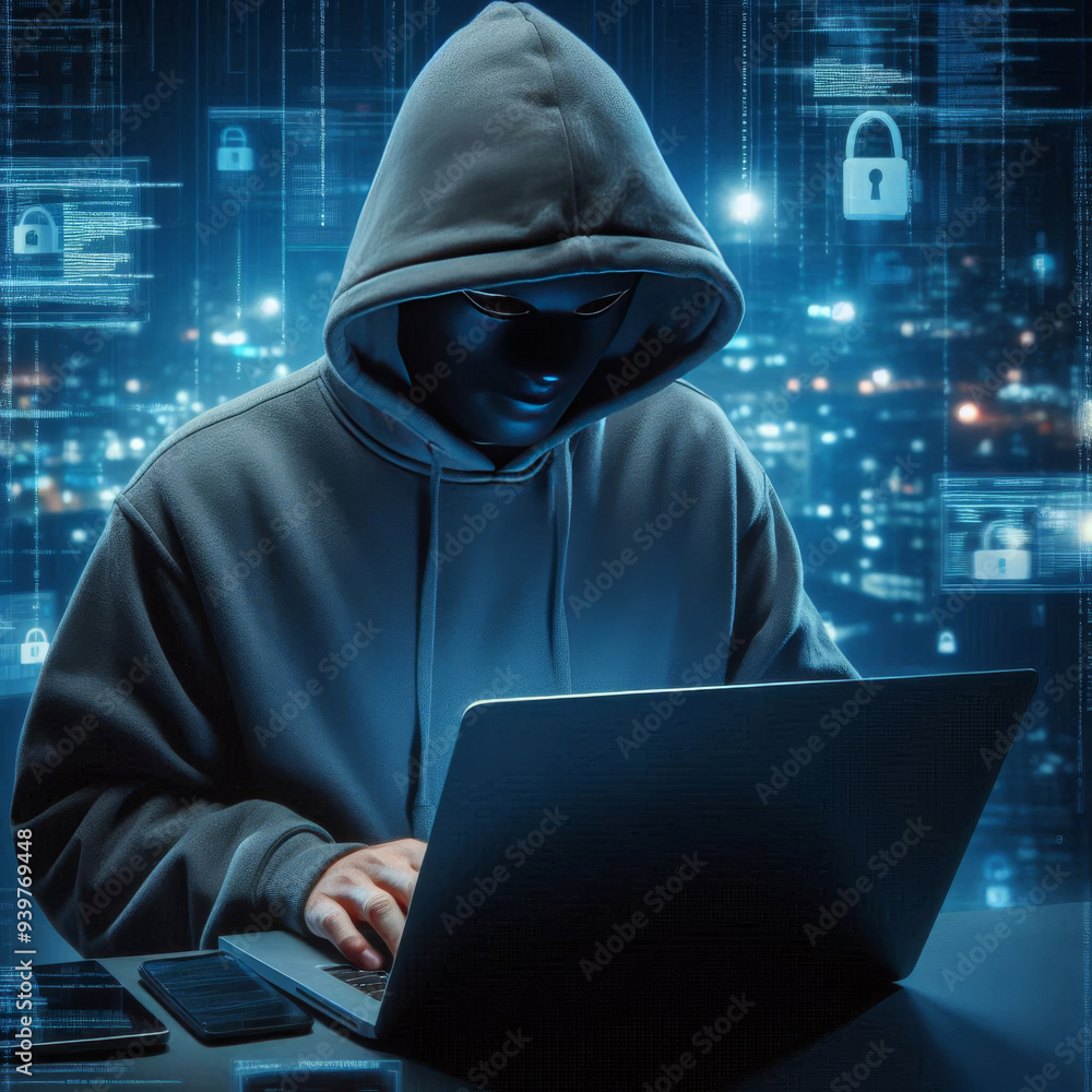 A hacker in a hood with a laptop hacks various programs. A hacker in a hood with a laptop hacks various programs.