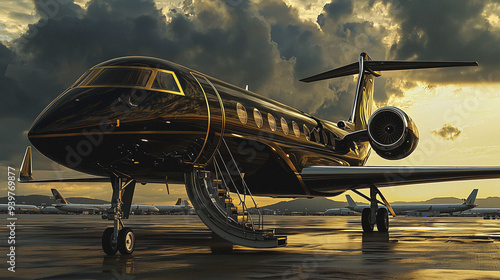 private superjet plane black on runway Generative AI photo