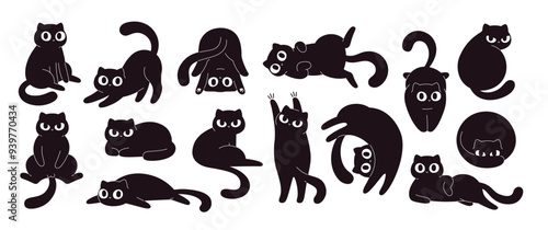 Cartoon black cats. Funny fat cat in different poses and situations. Isolated flat wall stickers design, crazy kitty characters. Adorable racy vector kittens