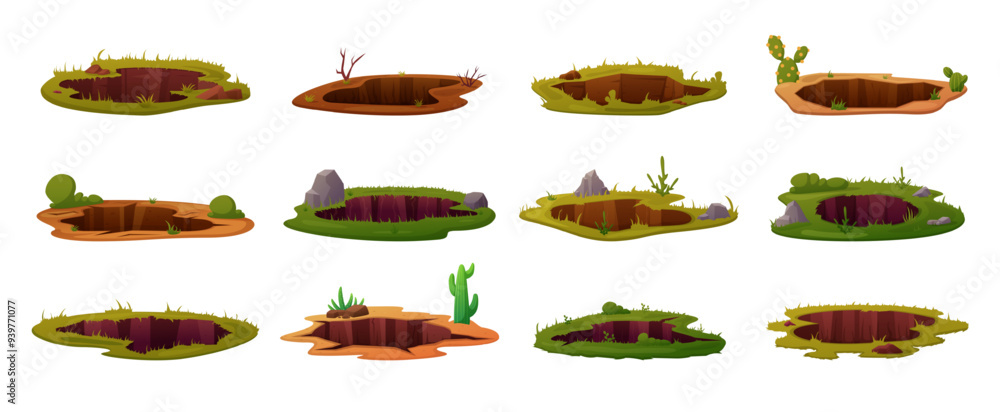 Pits in ground. Different grounds holes for animal underground entrance. Garden forest desert soil pit, stones plants grass nowaday vector elements Pits in ground. Different grounds holes for animal underground entrance. Garden forest desert soil pit, stones plants grass nowaday vector elements