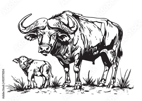 African buffalo and baby. Hand drawn vector sketch illustration. Black outline on white background