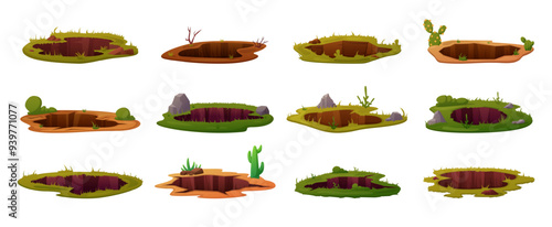 Pits in ground. Different grounds holes for animal underground entrance. Garden forest desert soil pit, stones plants grass nowaday vector elements