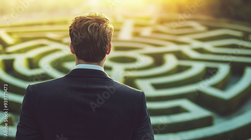 male businessman against the background of a labyrinth choice Generative AI photo