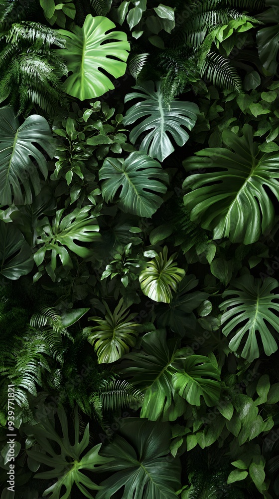 A wall of lush, verdant plants, including ferns and Monstera leaves, captured from above in high resolution A wall of lush, verdant plants, including ferns and Monstera leaves, captured from above in high resolution