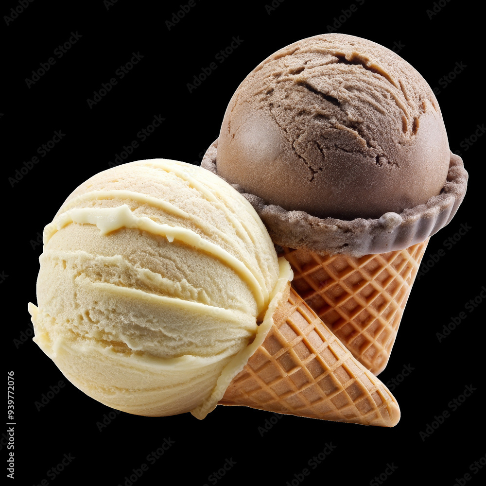 Two Scoops of Ice Cream in Cones Isolated on White Background, ice cream cone , ice cream scoops , vanilla , chocolate