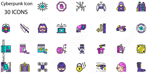 Set of Cyberpunk icons. Line art style icons bundle. vector illustration