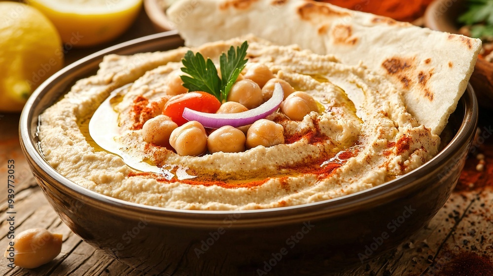 A bowl of hummus adorned with chickpeas, onions, and cilantro A bowl of hummus adorned with chickpeas, onions, and cilantro