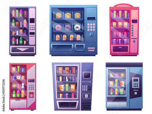 Vending machines with snacks inside. Food and drinks automatic seller. Machine for sell chocolate, burger water in public space, nowaday vector set