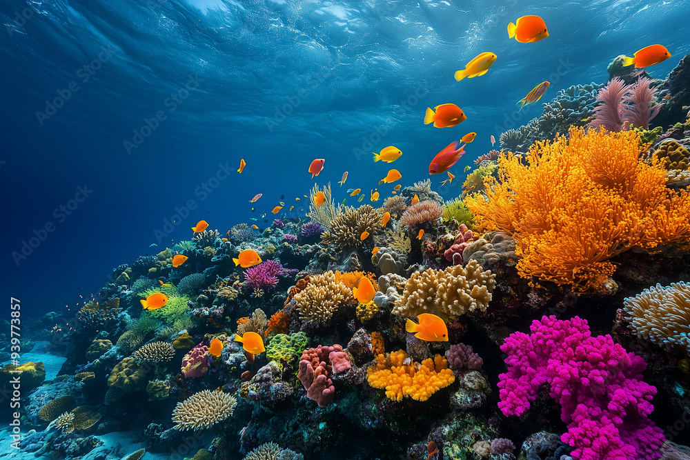 Naklejka premium Oceans with coral reefs and diverse marine life