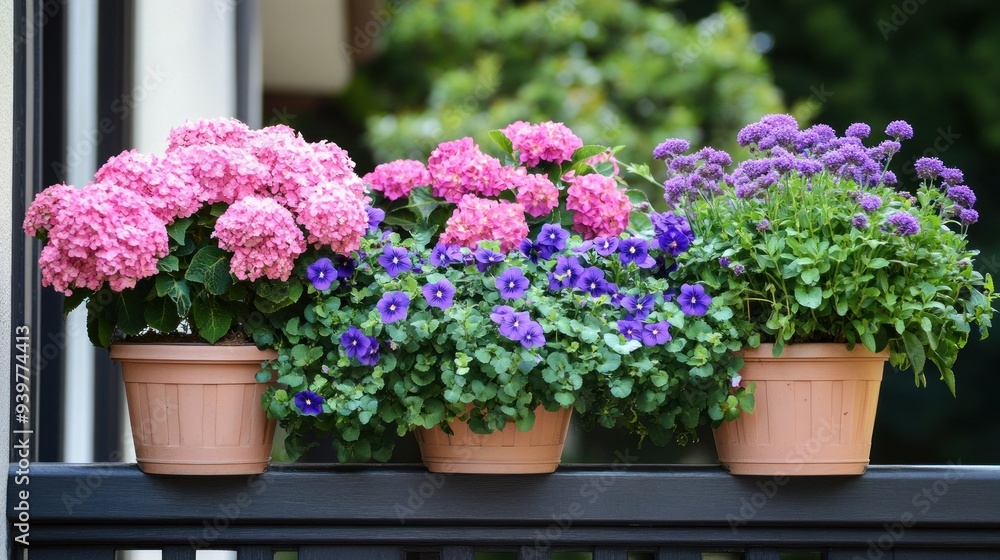 Hanging on a fence in a balcony garden are decorative flower pots filled with blooming balcony flowers, such as pink Hydrangea, purple violet lavender, and pansies. Hanging on a fence in a balcony garden are decorative flower pots filled with blooming balcony flowers, such as pink Hydrangea, purple violet lavender, and pansies.
