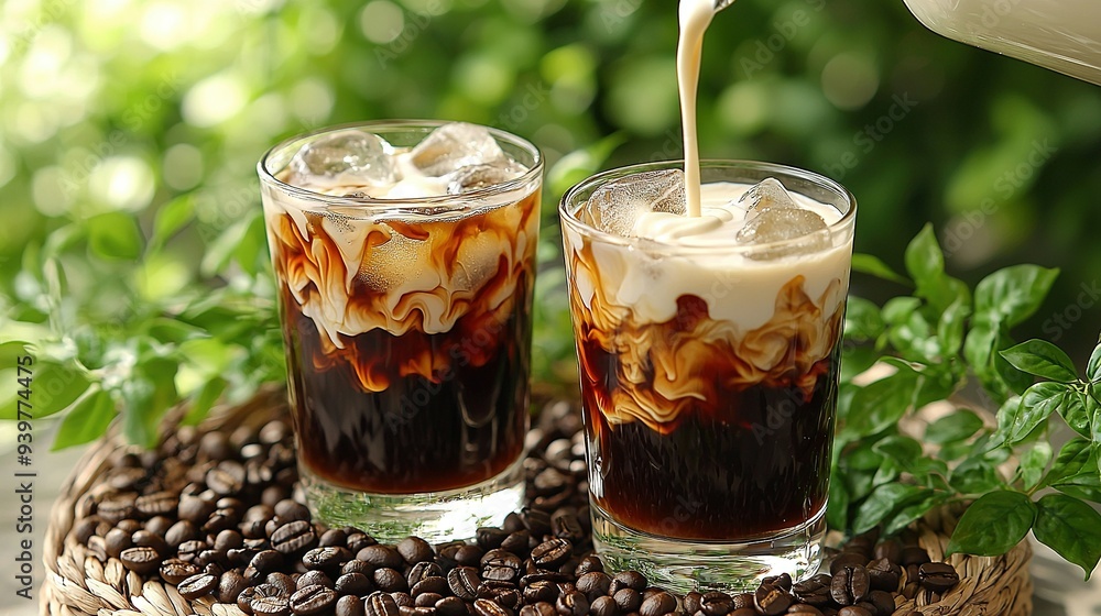 Two cups of coffee in glasses filled with beans on a wooden tray, surrounded by greenery Two cups of coffee in glasses filled with beans on a wooden tray, surrounded by greenery