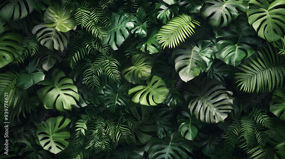 A wall of lush, verdant plants, including ferns and Monstera leaves, captured from above in high resolution A wall of lush, verdant plants, including ferns and Monstera leaves, captured from above in high resolution