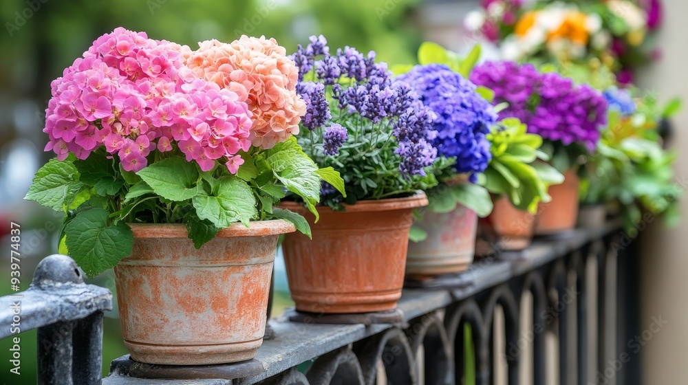 Hanging on a fence in a balcony garden are decorative flower pots filled with blooming balcony flowers, such as pink Hydrangea, purple violet lavender, and pansies. Hanging on a fence in a balcony garden are decorative flower pots filled with blooming balcony flowers, such as pink Hydrangea, purple violet lavender, and pansies.