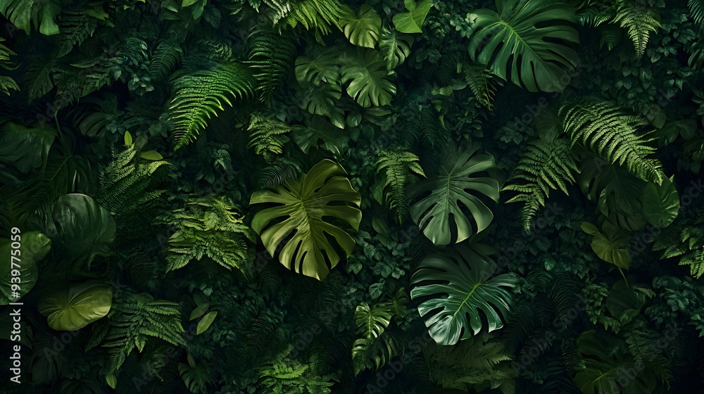 Fototapeta premium A wall of lush, verdant plants, including ferns and Monstera leaves, captured from above in high resolution