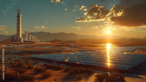 A heliostat solar power plant in a vast desert area, showcasing reflective mirrors and bright natural lighting, incredibly detailed and intricate. photo