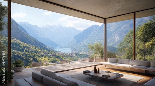 Big windows, a summer patio, and a view of the mountains.