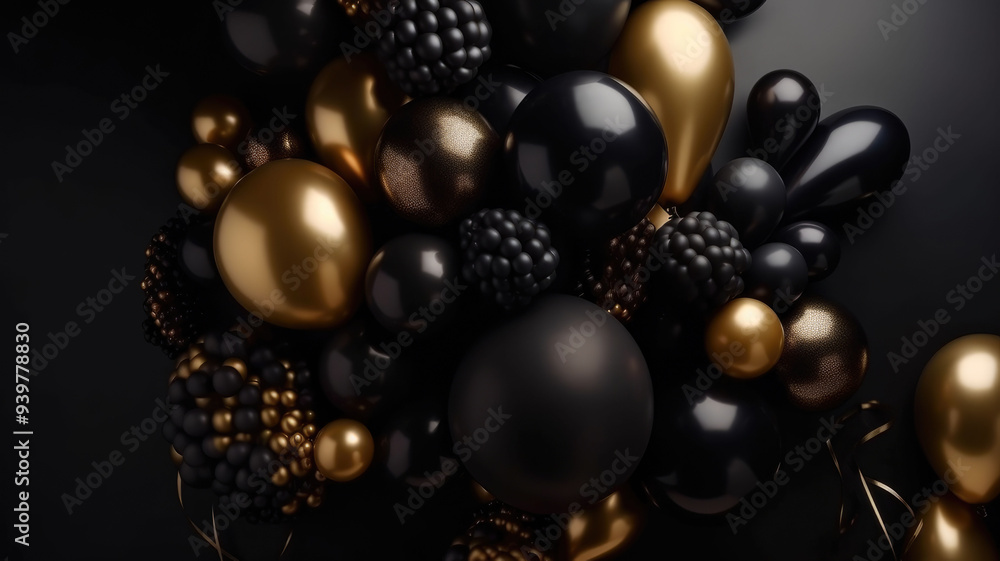 Celebration, festival background with helium balloons. Greeting banner or poster with gold and black flying balloons. Celebrate a birthday poster. Happy anniversary card. Black Friday Sale. Celebration, festival background with helium balloons. Greeting banner or poster with gold and black flying balloons. Celebrate a birthday poster. Happy anniversary card. Black Friday Sale.