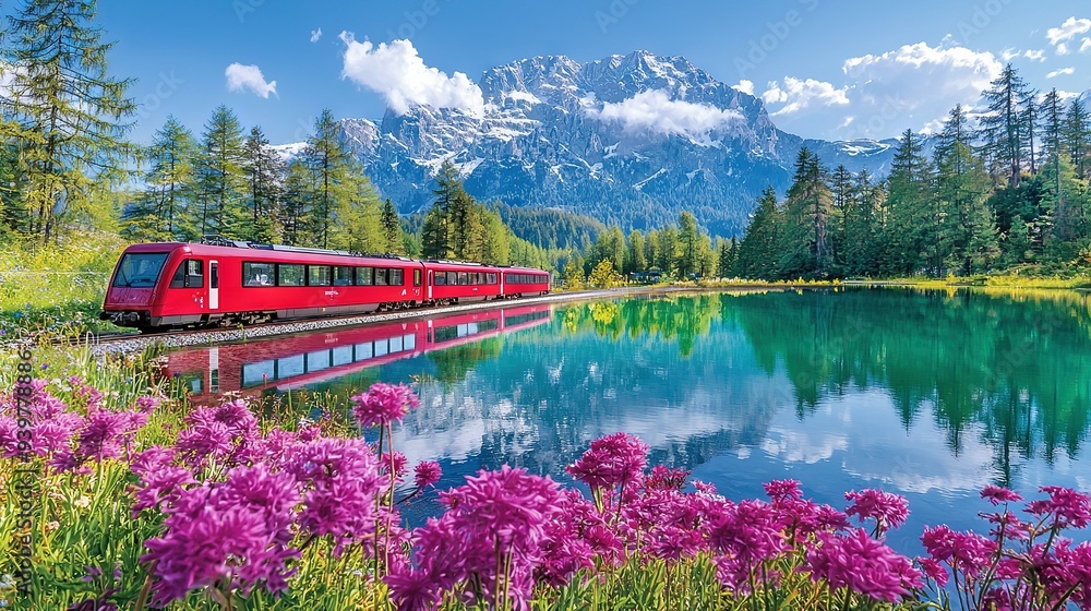A red train travels on tracks near a water body with purple foreground flowers and a distant mountain range A red train travels on tracks near a water body with purple foreground flowers and a distant mountain range