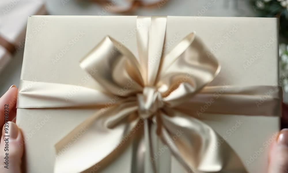 Elegant gift presentation with beautiful ribbon on a serene tabletop setting Elegant gift presentation with beautiful ribbon on a serene tabletop setting