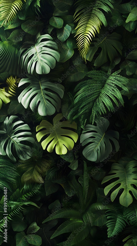 A wall of lush, verdant plants, including ferns and Monstera leaves, captured from above in high resolution A wall of lush, verdant plants, including ferns and Monstera leaves, captured from above in high resolution