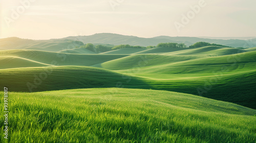 Stunning landscape showing rolling green hills under morning sunlight with soft shadows and gentle contours of the land stretching to horizon with hazy sky
