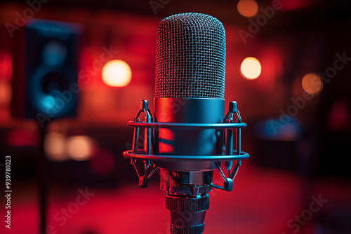 Microphone in a radio studio for podcast recording 