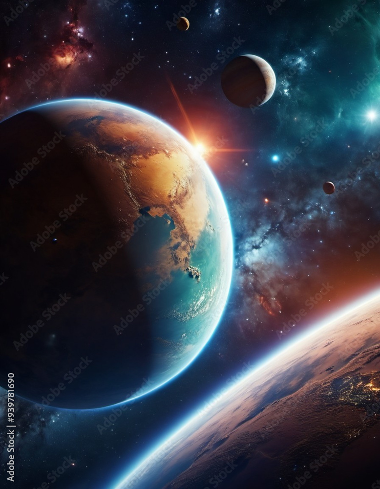 Naklejka premium Planetary system with multiple planets, large brightly colored gas giant and a rocky planet. Bright stars and a vast expanse of dark space with a galaxy in background. Space spaces. Cosmonautics. AI
