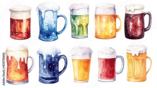 Beer mugs collection. White background. Watercolor illustrations set