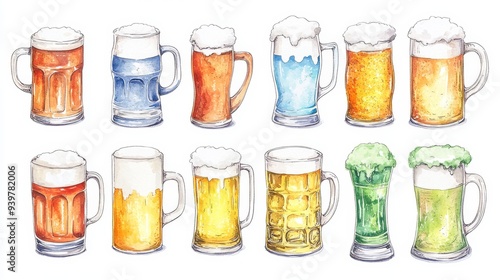 Beer mugs collection. White background. Watercolor illustrations set