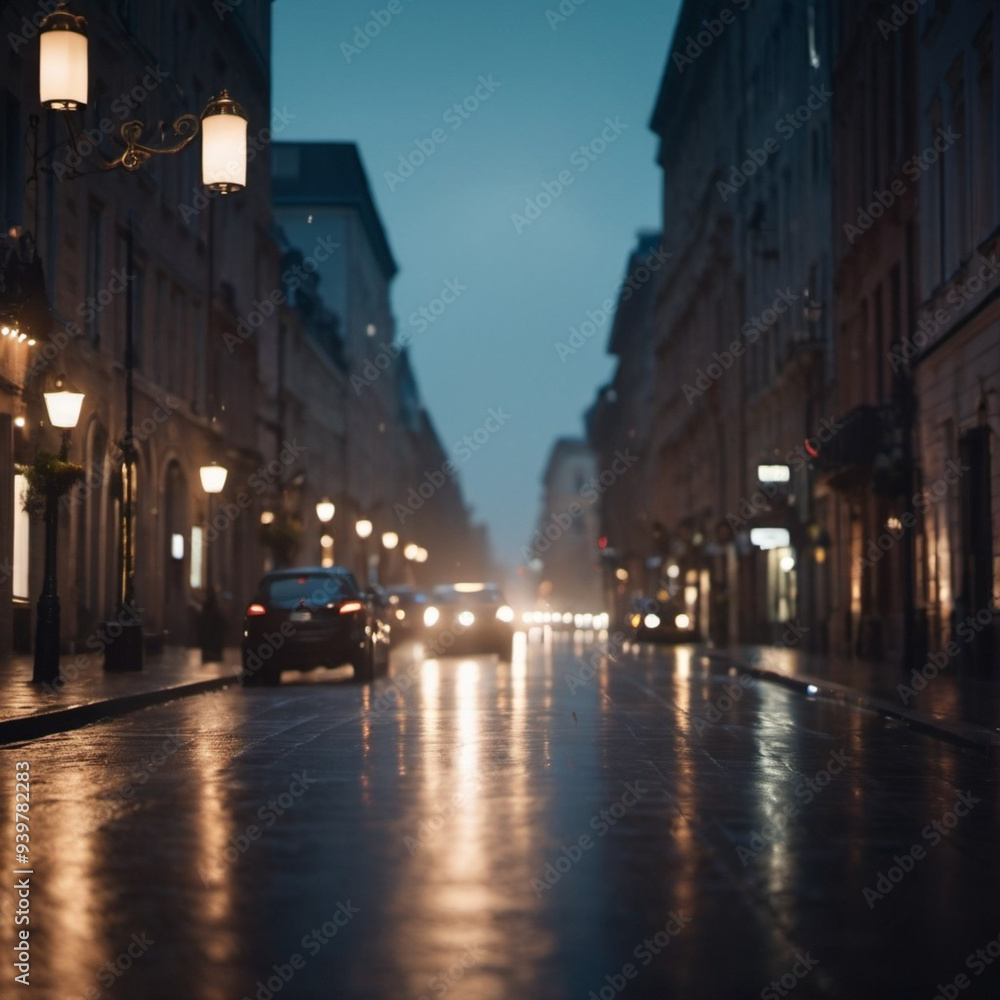 Fototapeta premium A wet, empty street in a European city on a rainy evening. Street lights illuminate the wet asphalt. Several cars drive down the street in the distance, their headlights casting a warm glow.