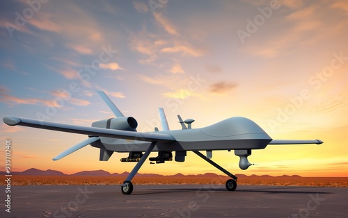 General Atomics MQ-9 Reaper drone flying above desert.
