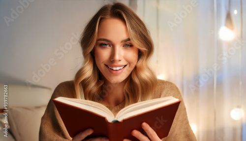 A young woman reading a funny book and laughing