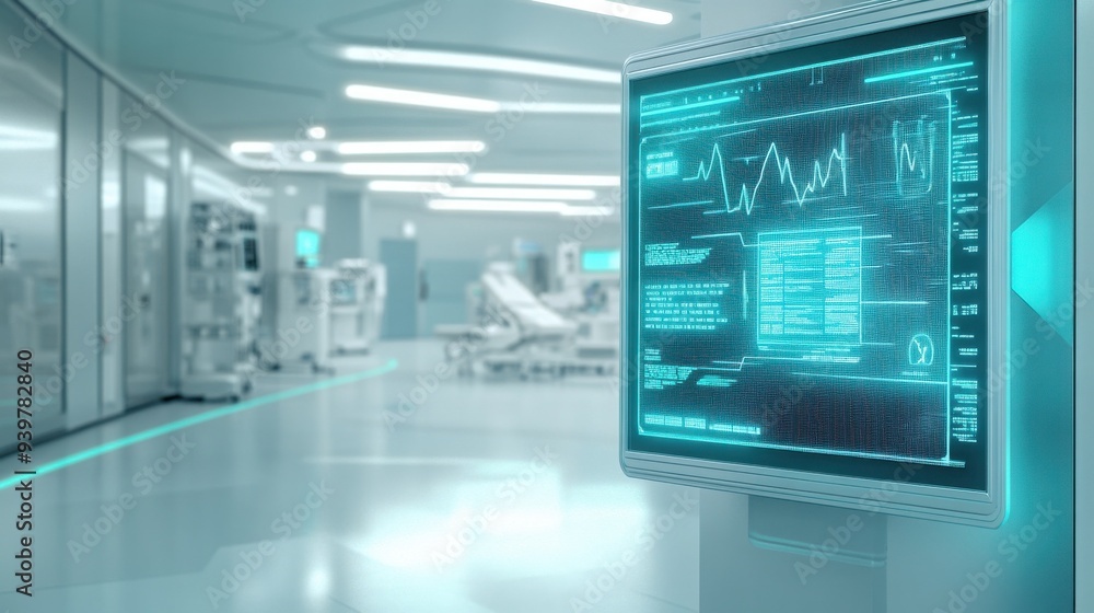 A futuristic and minimalist hospital environment featuring a glowing digital medical display in a clean, high-tech setting.
A futuristic and minimalist hospital environment featuring a glowing digital medical display in a clean, high-tech setting.