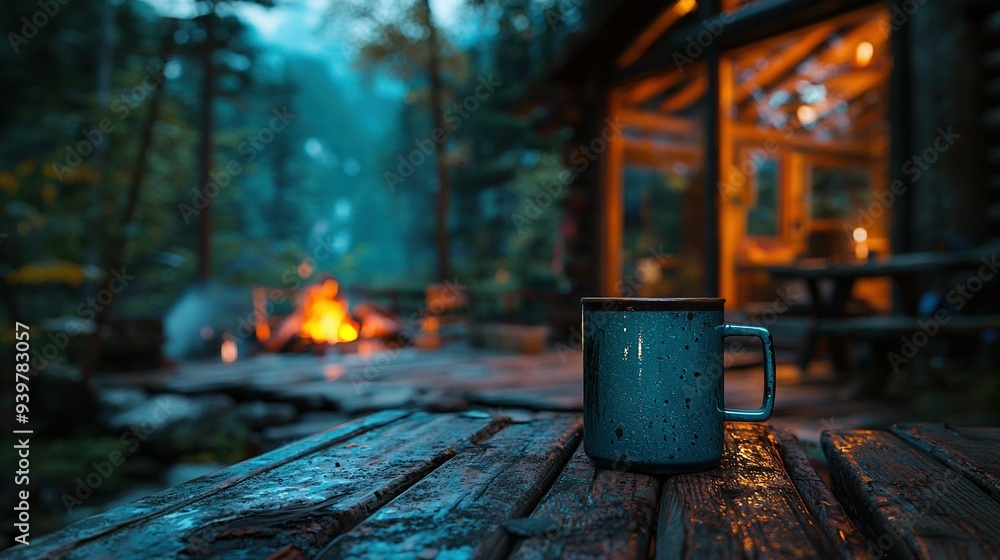 Coffee atop wooden table against log cabin, fireplace ablaze Coffee atop wooden table against log cabin, fireplace ablaze