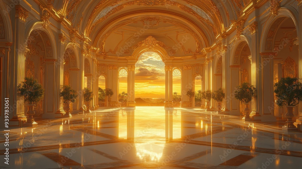 Obraz premium An opulent palace hall glowing in golden sunset light, featuring ornate arches, lavish decorations, marble floors, and lush indoor plants.
