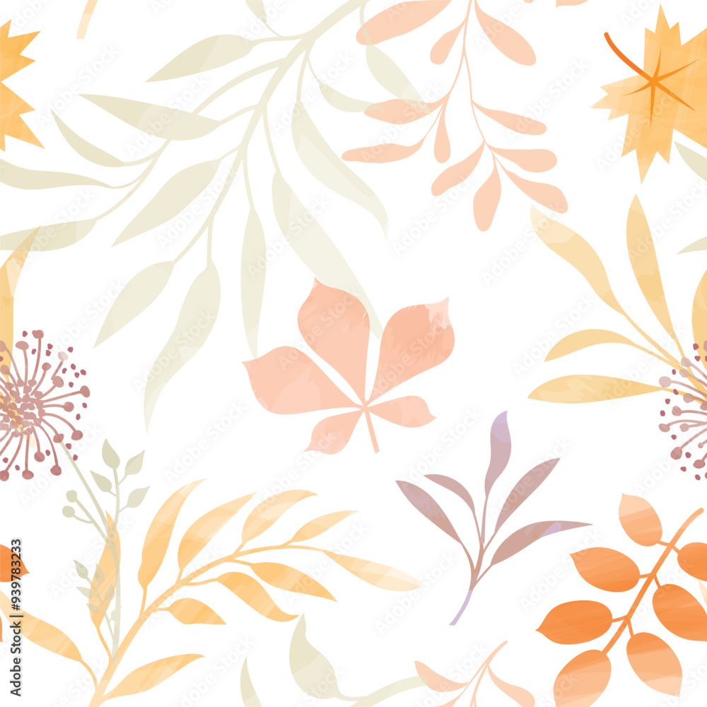Autumn seamless pattern. Fall leaves Background. Autumnal Nature texture. Flourish leaves decor. Watercolor Drawing for your design Autumn seamless pattern. Fall leaves Background. Autumnal Nature texture. Flourish leaves decor. Watercolor Drawing for your design