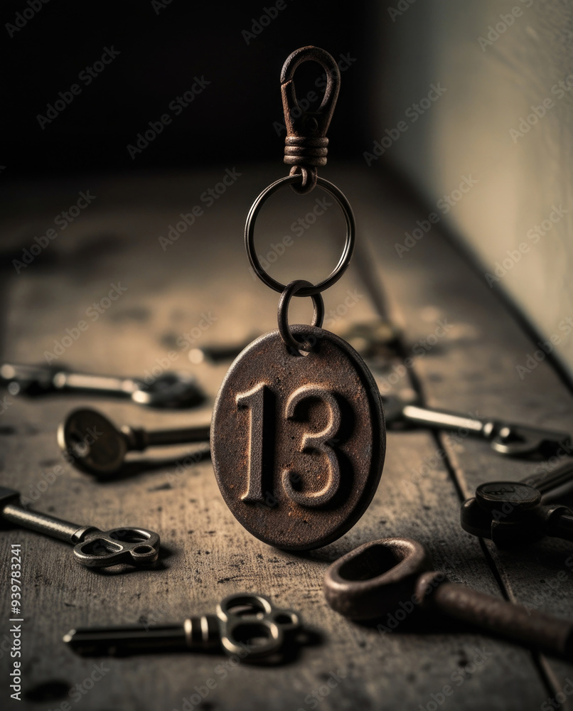 vintage keychain with the number 13 hangs ominously, surrounded by old keys on a worn wooden surface, concept of superstition and bad luck.