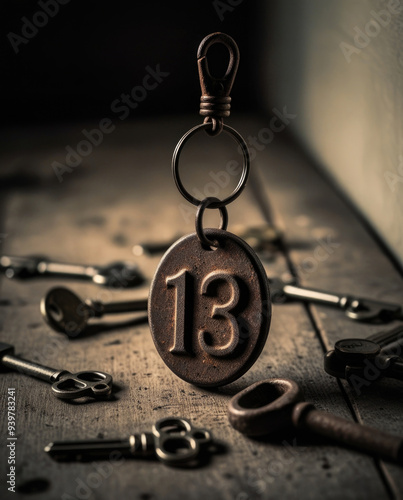 Obraz na płótnie vintage keychain with the number 13 hangs ominously, surrounded by old keys on a worn wooden surface, concept of superstition and bad luck. w salonie