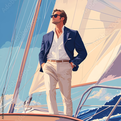 Vintage 70s Illustration of a Handsome Man Relaxing on a Yacht, Stylish Retro Artwork Capturing Luxury and Leisure on the Open Sea photo