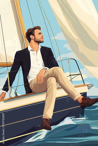 Vintage 70s Illustration of a Handsome Man Relaxing on a Yacht, Stylish Retro Artwork Capturing Luxury and Leisure on the Open Sea photo