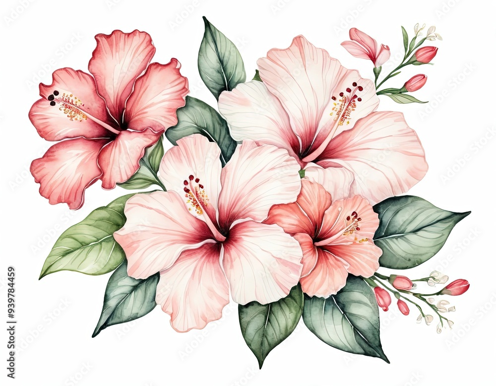 Watercolor painting of pink hibiscus flowers with green leaves. Watercolor painting of pink hibiscus flowers with green leaves.