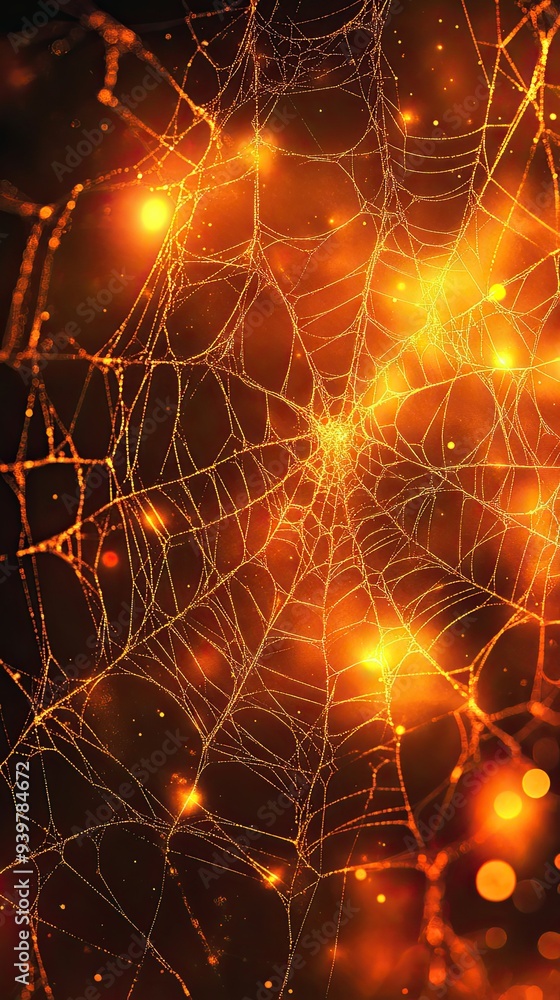 A spider web with a golden glow. The web is made of many strands and is very intricate. A spider web with a golden glow. The web is made of many strands and is very intricate.
