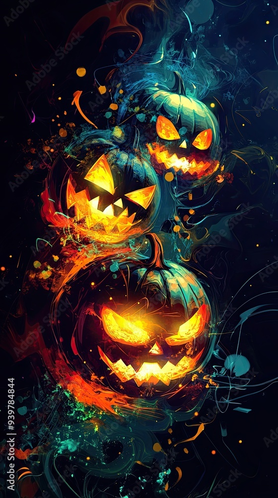 A colorful pumpkin with a scary face is surrounded by other pumpkins. The image has a spooky and festive mood, perfect for Halloween A colorful pumpkin with a scary face is surrounded by other pumpkins. The image has a spooky and festive mood, perfect for Halloween