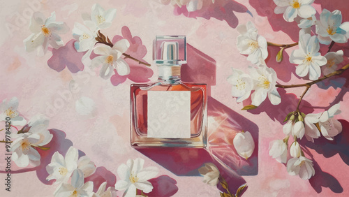 Bottle of Perfume with Empty Label Surrounded by Lush White Flower Buds on Soft Pink Background Oil on Canvas Illustration Elegant Perfume Bottle White Flower Buds Soft Pink