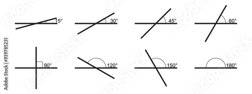 Set of different angle degree icons. Collection of protractor values. Geometric or trigonometric corner measurements. Mathematics symbols isolated on white background. Vector graphic illustration