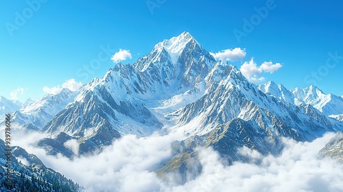 Wallpaper Mural   A stunning image of a mountain range with clouds in the foreground and a clear blue sky adorned with fluffy white clouds in the background Torontodigital.ca