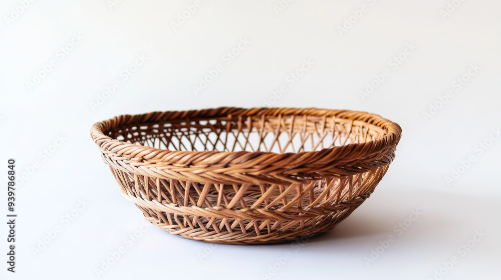 A woven basket made of wicker and empty, placed against a white backdrop. A woven basket made of wicker and empty, placed against a white backdrop.