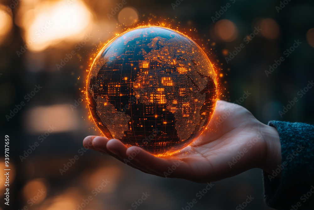 Fototapeta premium Hand holding a globe with digital data overlays